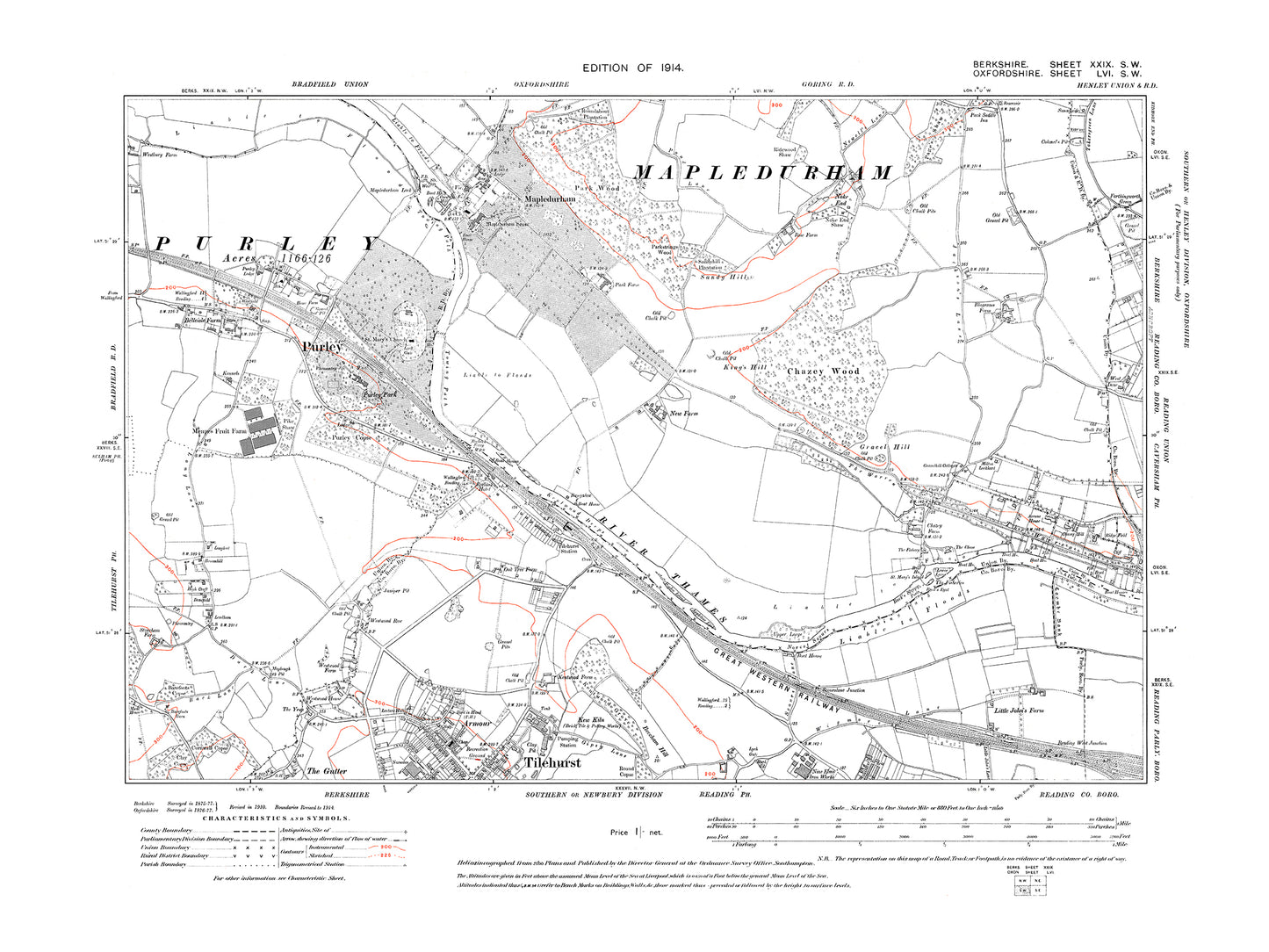 A 1914 map showing Purley, Tilehurst (north) in Berkshire - OS 1:10560 scale map, Berks 29SW