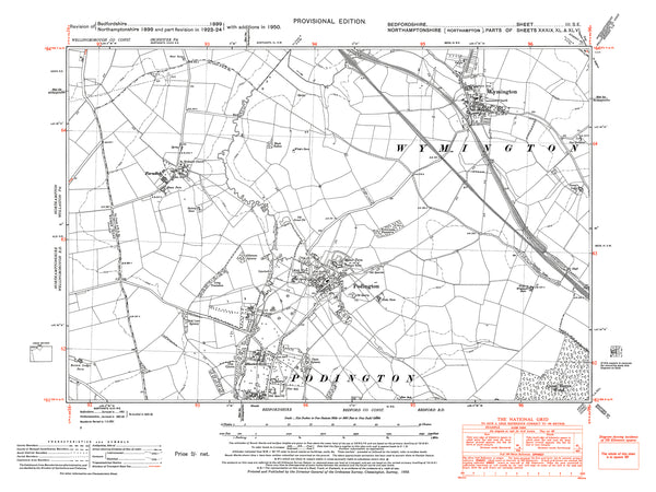 A 1950 map showing Podington, Wymington, Farndish, (Bedfordshire 3SE ...