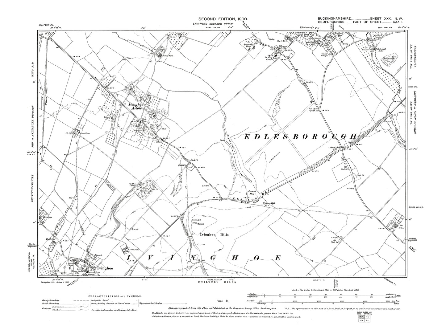 Old OS map dated 1900, showing Edlesborough (south), Ivinghoe (north), Ivinghoe Aston in Buckinghamshire 30NW