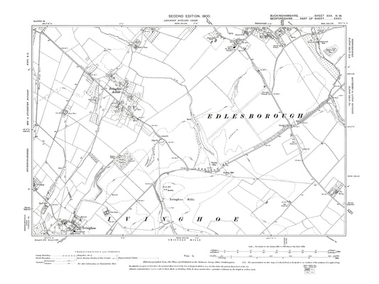 Old OS map dated 1900, showing Edlesborough (south), Ivinghoe (north), Ivinghoe Aston in Buckinghamshire 30NW