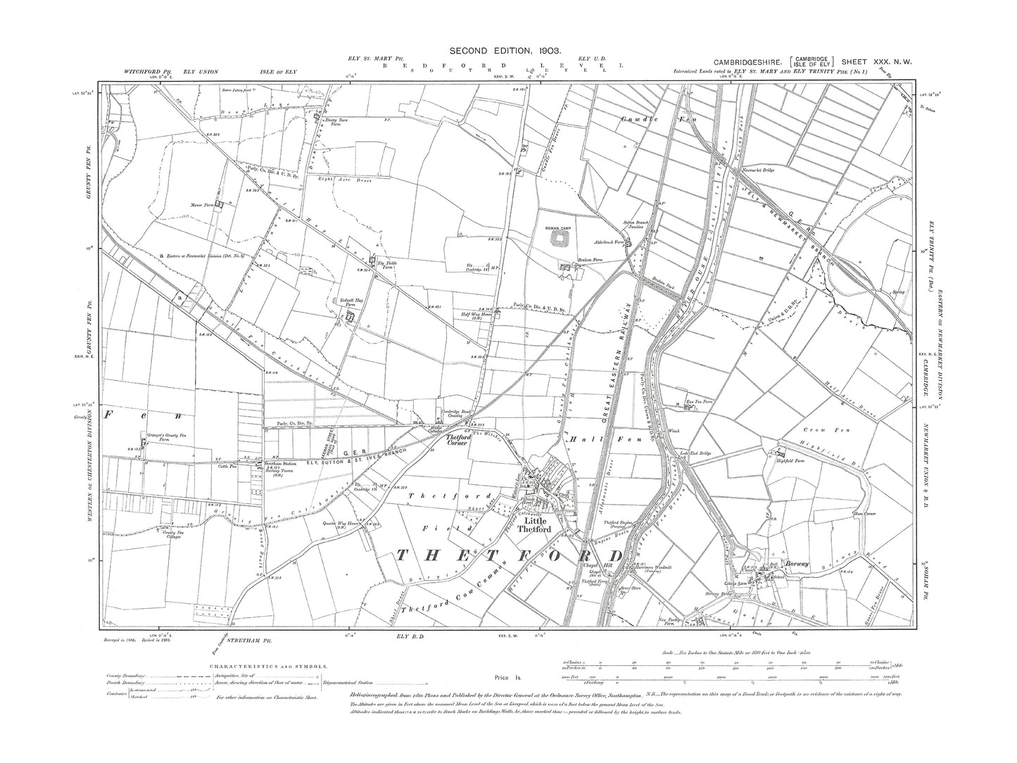 Old OS map dated 1903, showing Little Thetford, Barway in Cambridgeshire 30NW