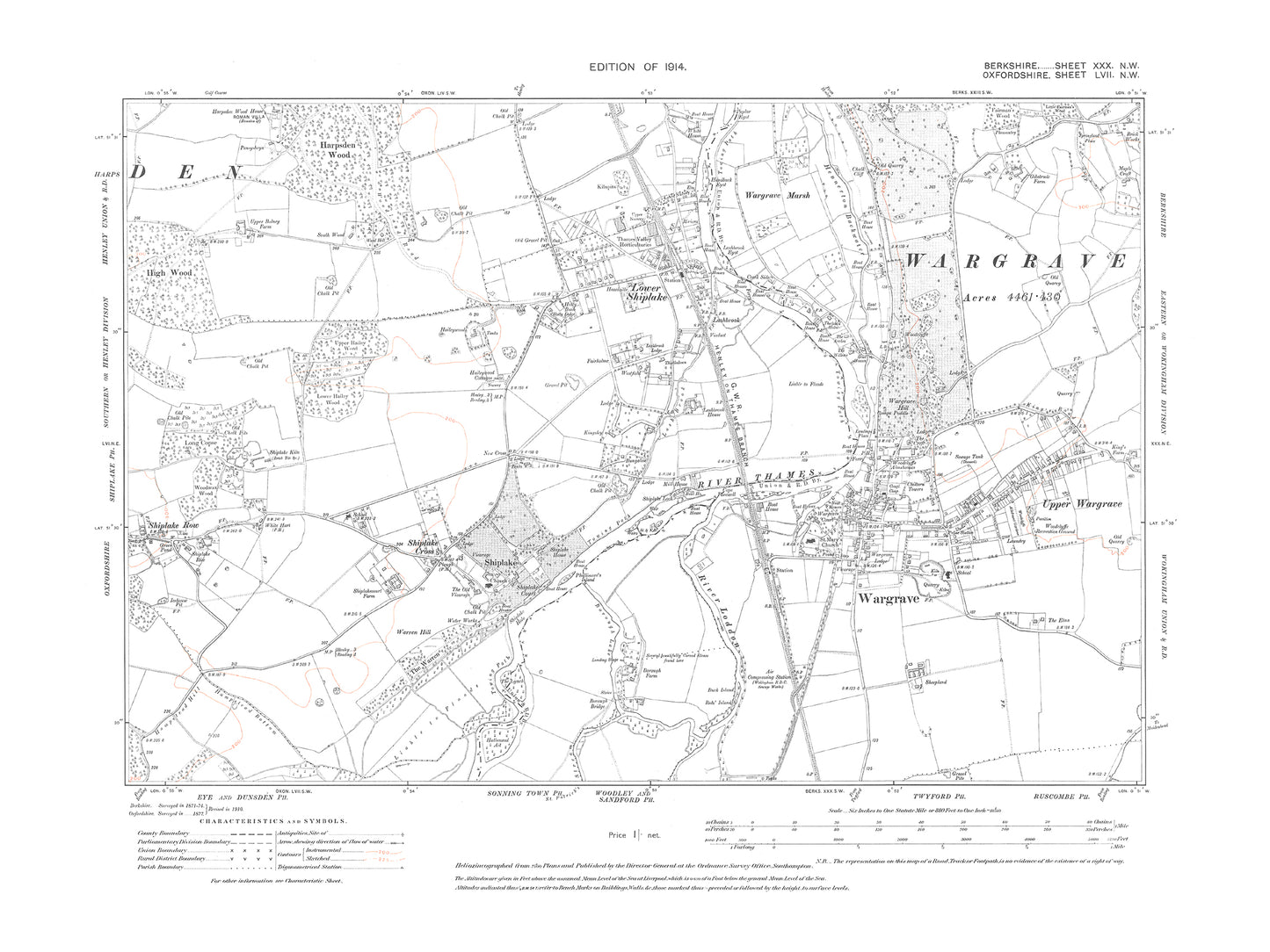 A 1914 map showing Wargrave in Berkshire - OS 1:10560 scale map, Berks 30NW