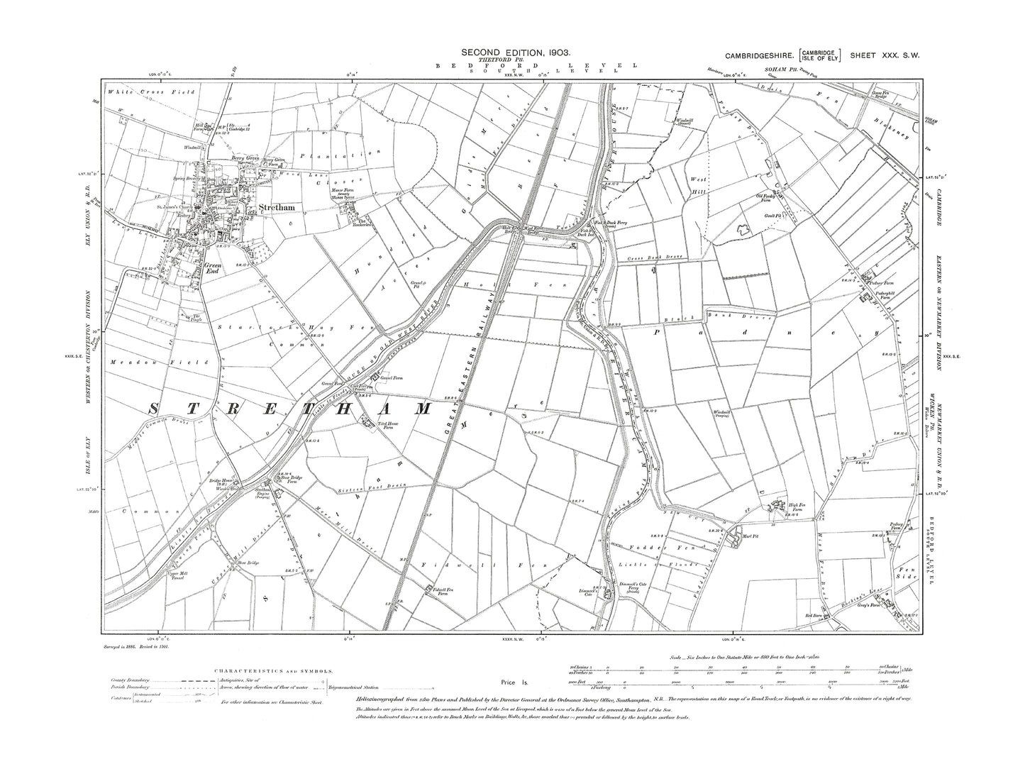 Old OS map dated 1903, showing Stretham in Cambridgeshire 30SW