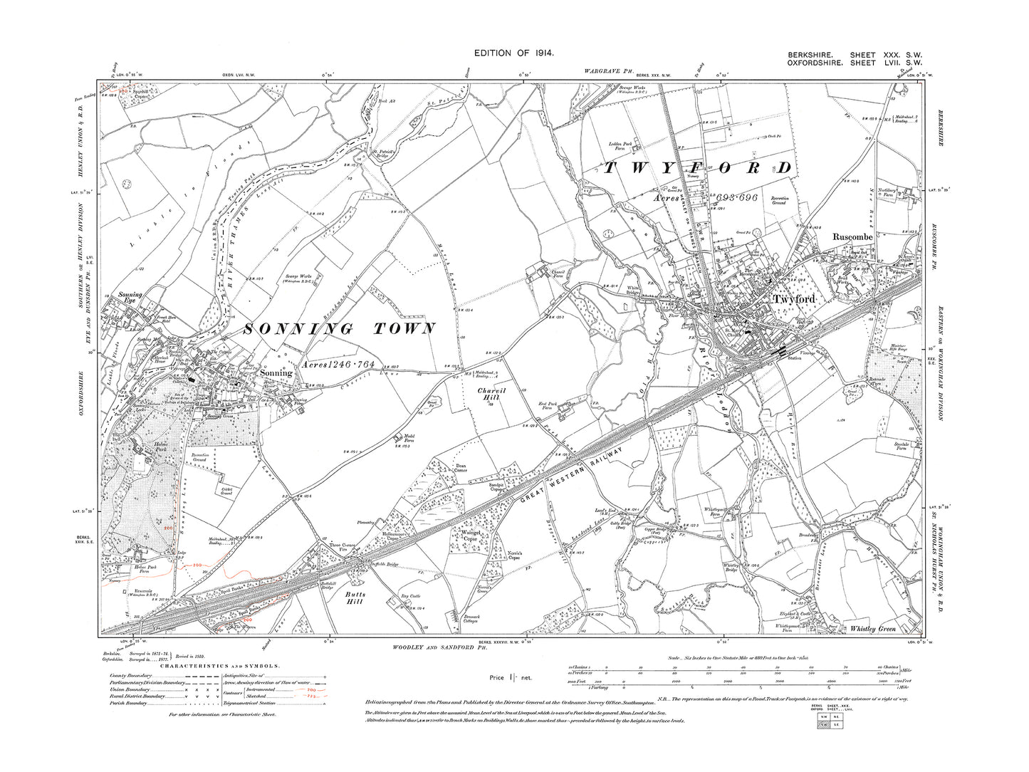 A 1914 map showing Twyford, Ruscombe, Sonning in Berkshire - OS 1:10560 scale map, Berks 30SW