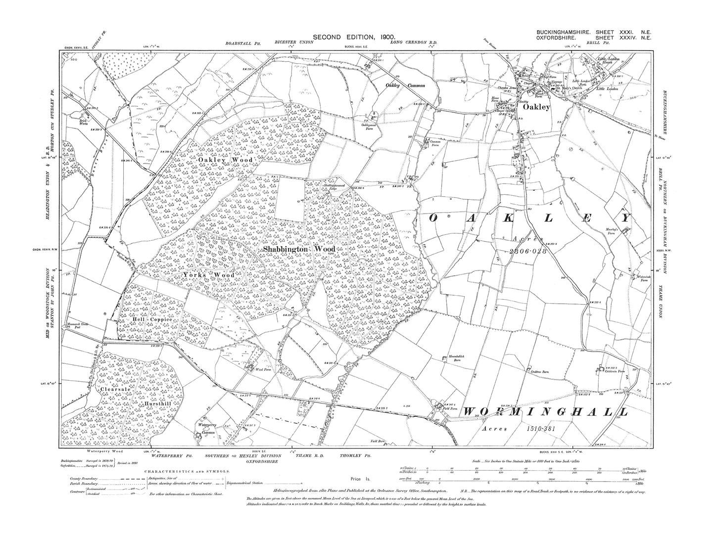 Old OS map dated 1900, showing Oakley in Buckinghamshire 31NE