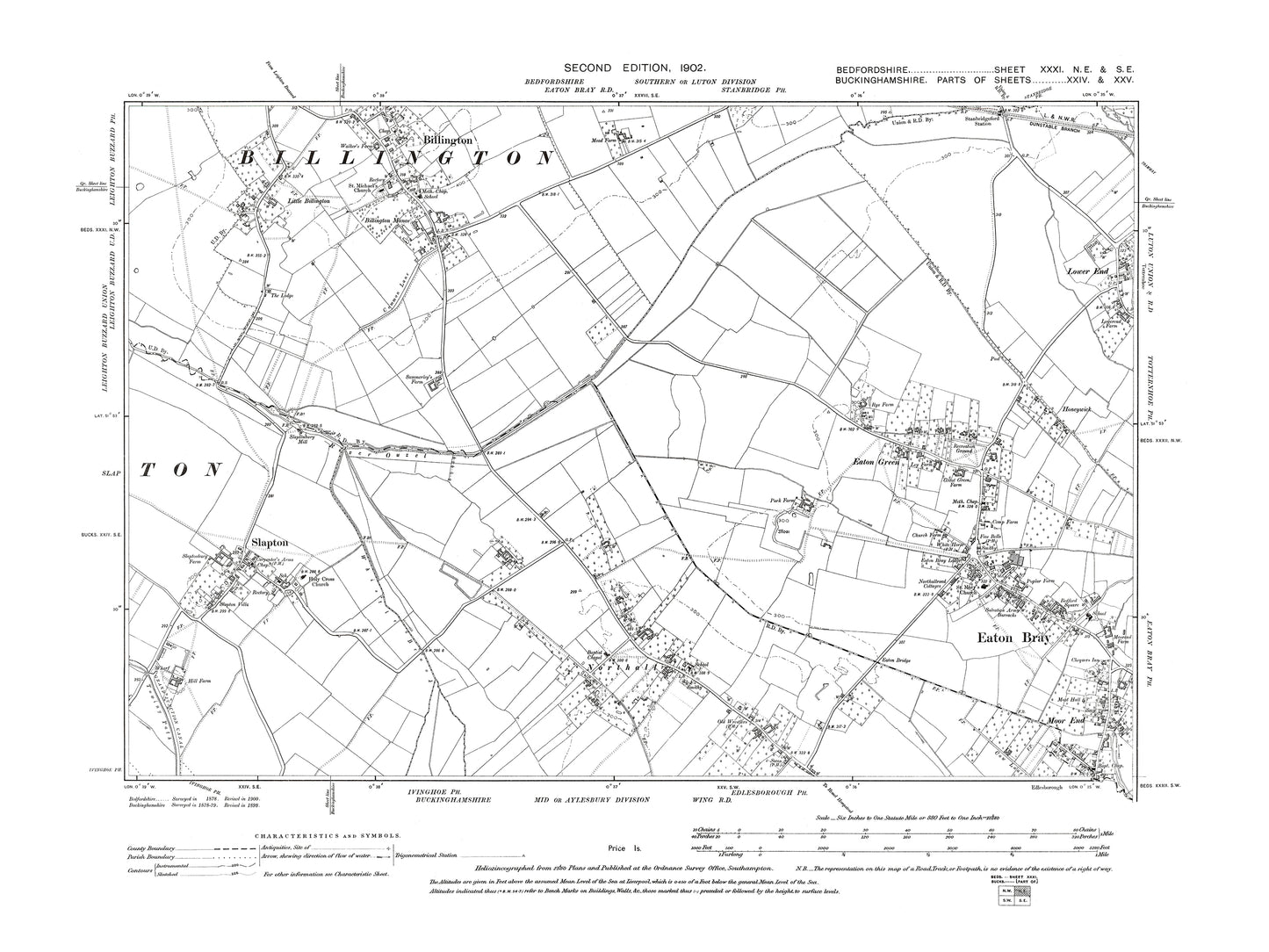 A 1902 map showing Billington and Eaton Bray (west) in Bedfordshire - A Digital Download 0f OS 1:10560 scale map, Beds 31NE-SE