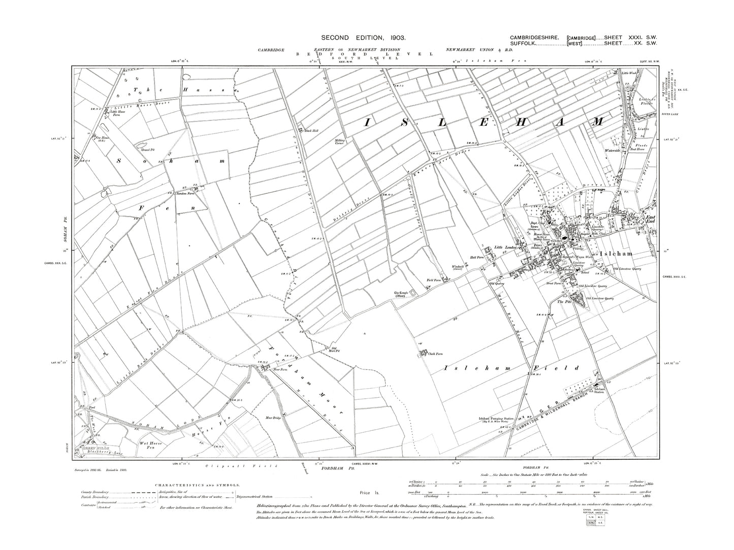 Old OS map dated 1903, showing Isleham in Cambridgeshire 31SW