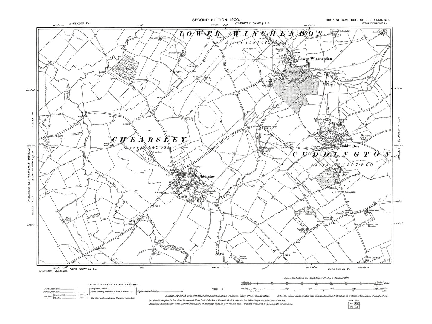 Old OS map dated 1900, showing Chearsley, Cuddington, Lower Winchendon in Buckinghamshire 32NE