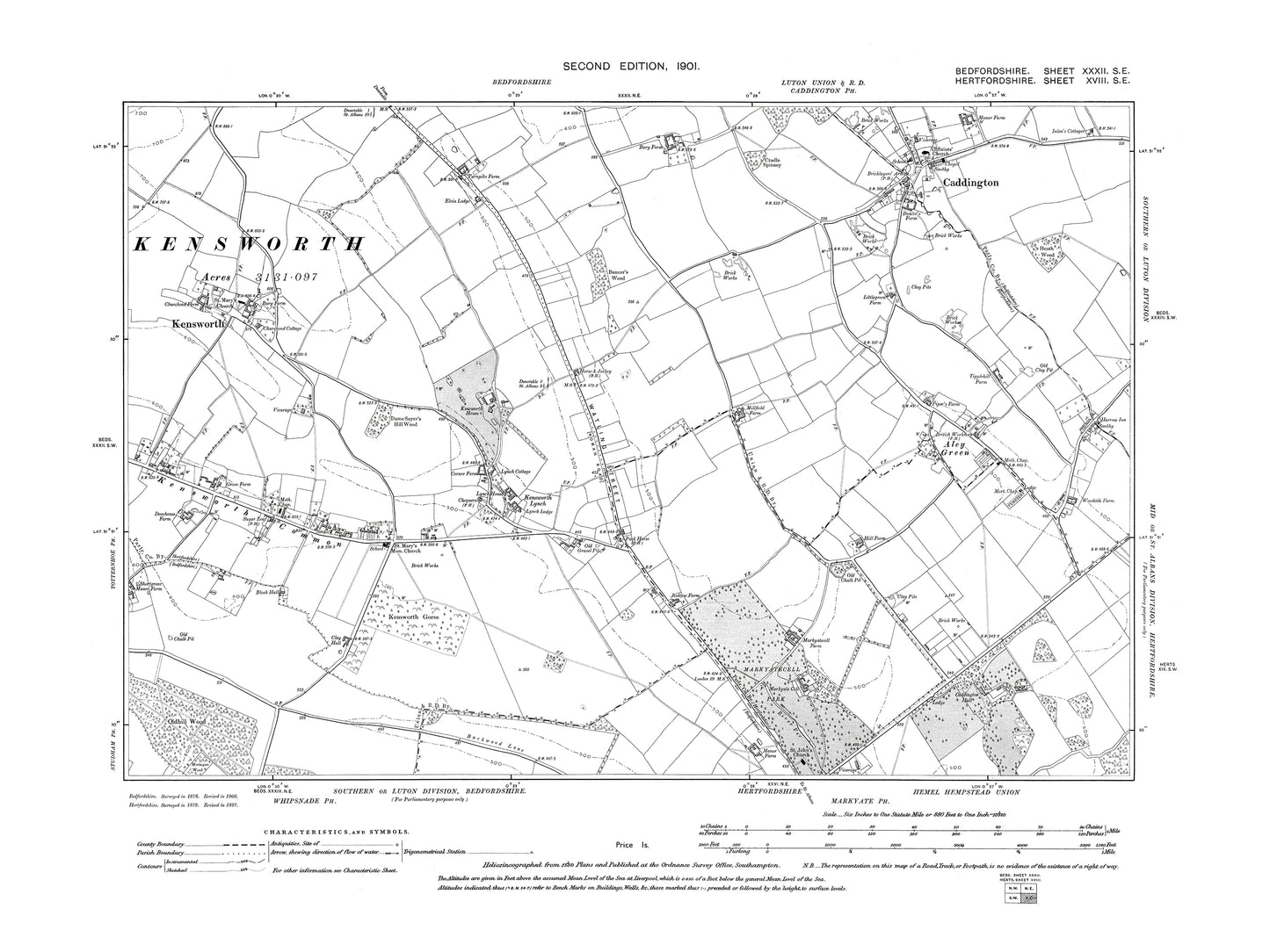 A 1901 map showing Caddington and Kenworth in Bedfordshire - A Digital Download 0f OS 1:10560 scale map, Beds 32SE