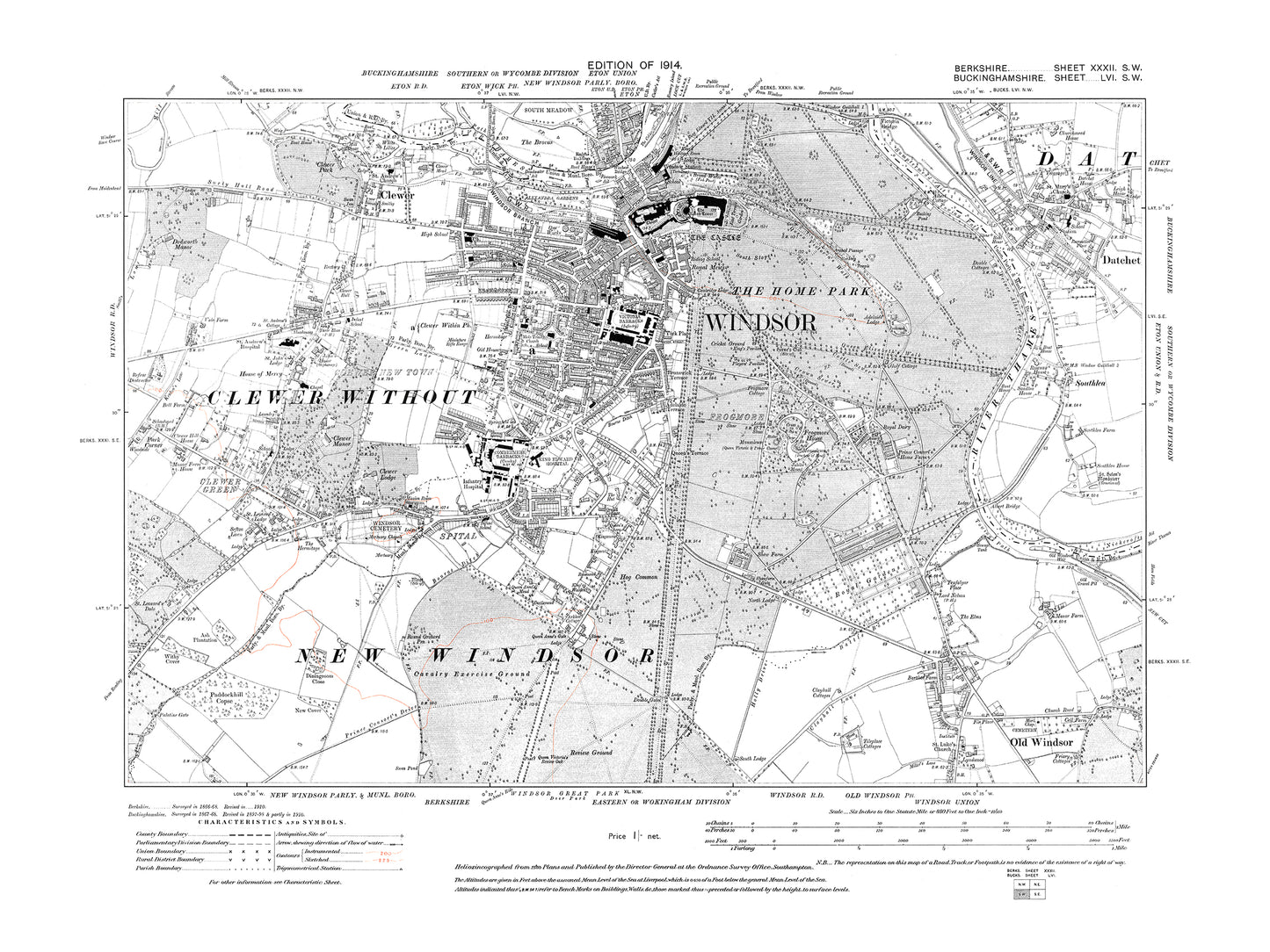 A 1914 map showing Windsor, Old Windsor, Clewer in Berkshire - OS 1:10560 scale map, Berks 32SW