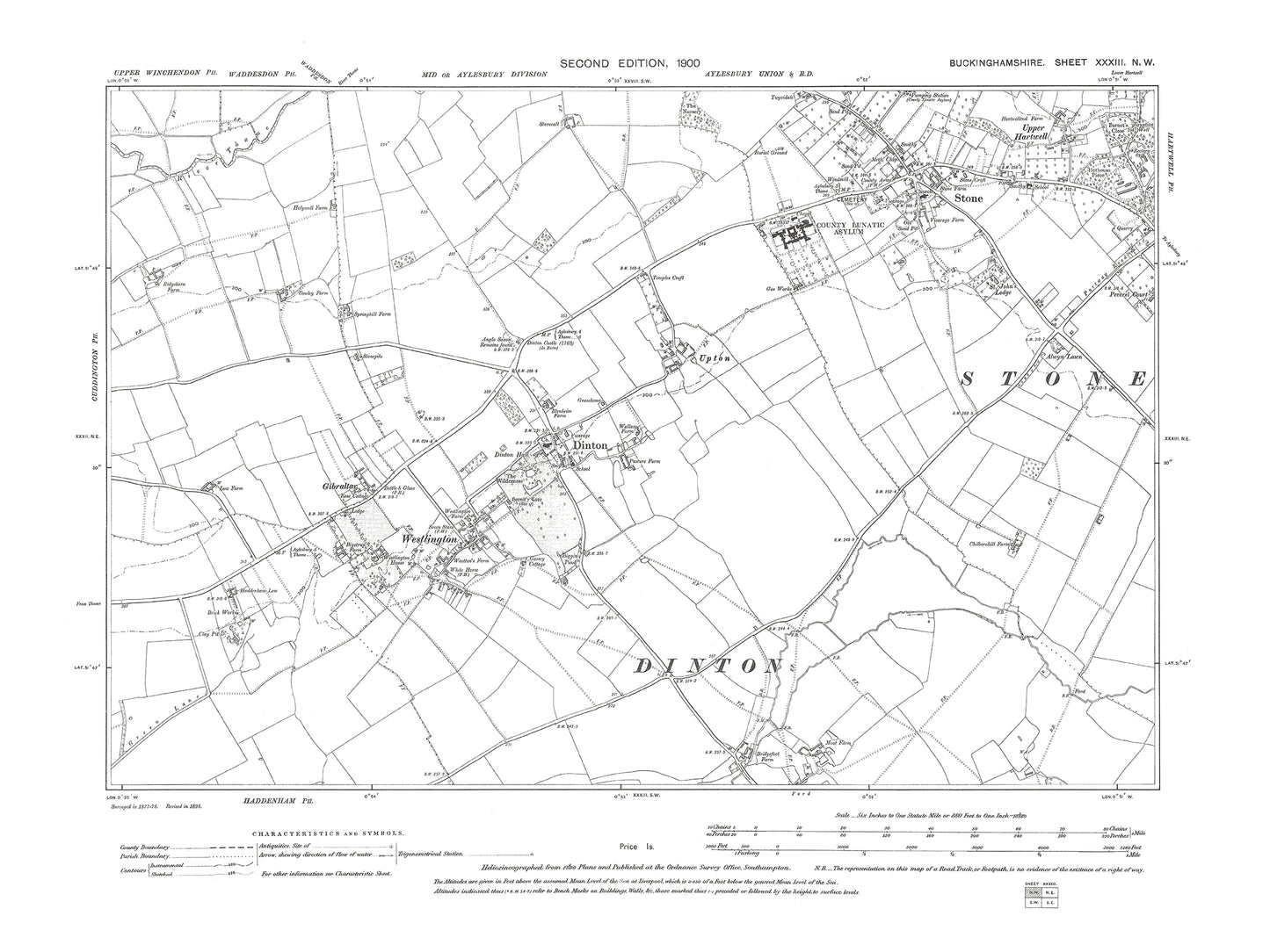 Old OS map dated 1900, showing Dinton, Stone, Westlington in Buckinghamshire 33NW