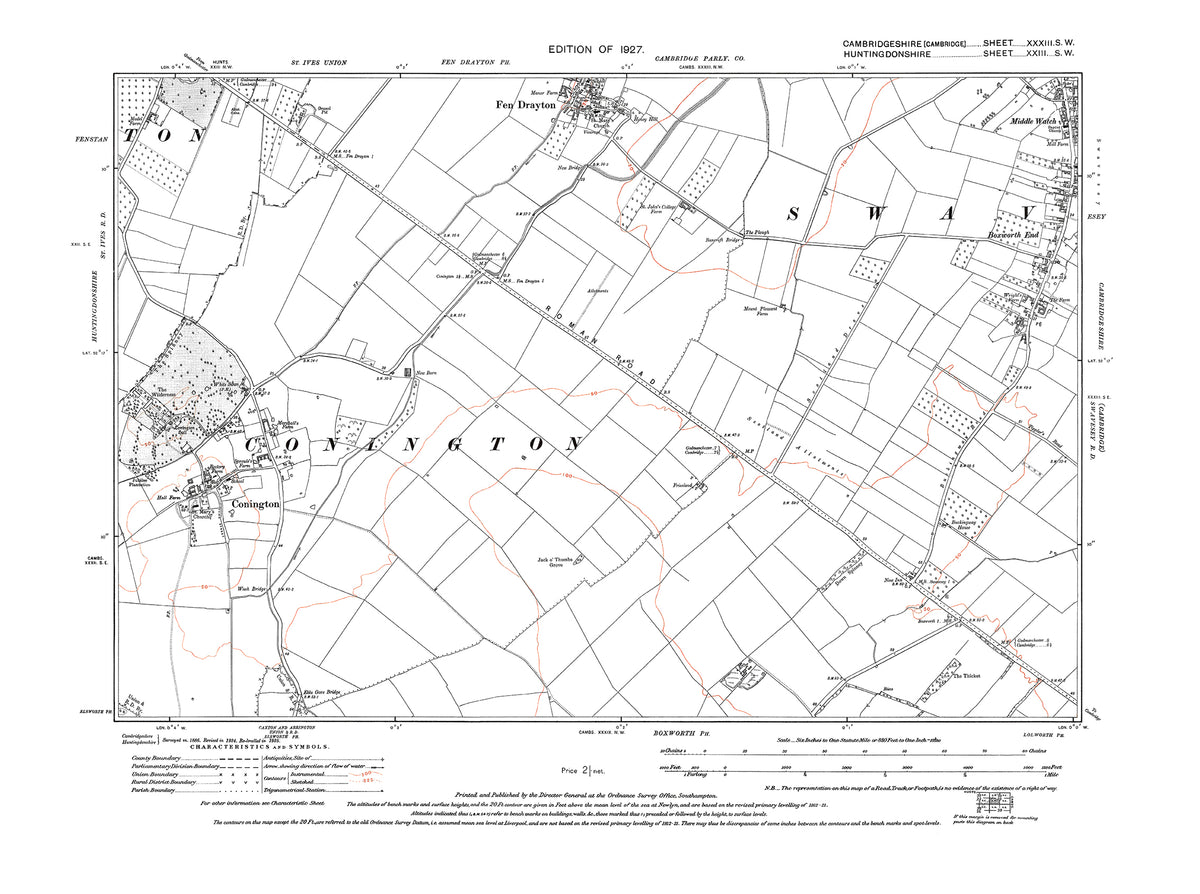 Swyncombe Map Old OS map dated 1927, showing Conington, Fen Drayton (south), Swavese ...