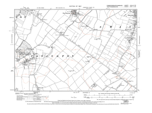 Old OS map dated 1927, showing Conington, Fen Drayton (south), Swavesey (southwest) in Cambridgeshire 33SW