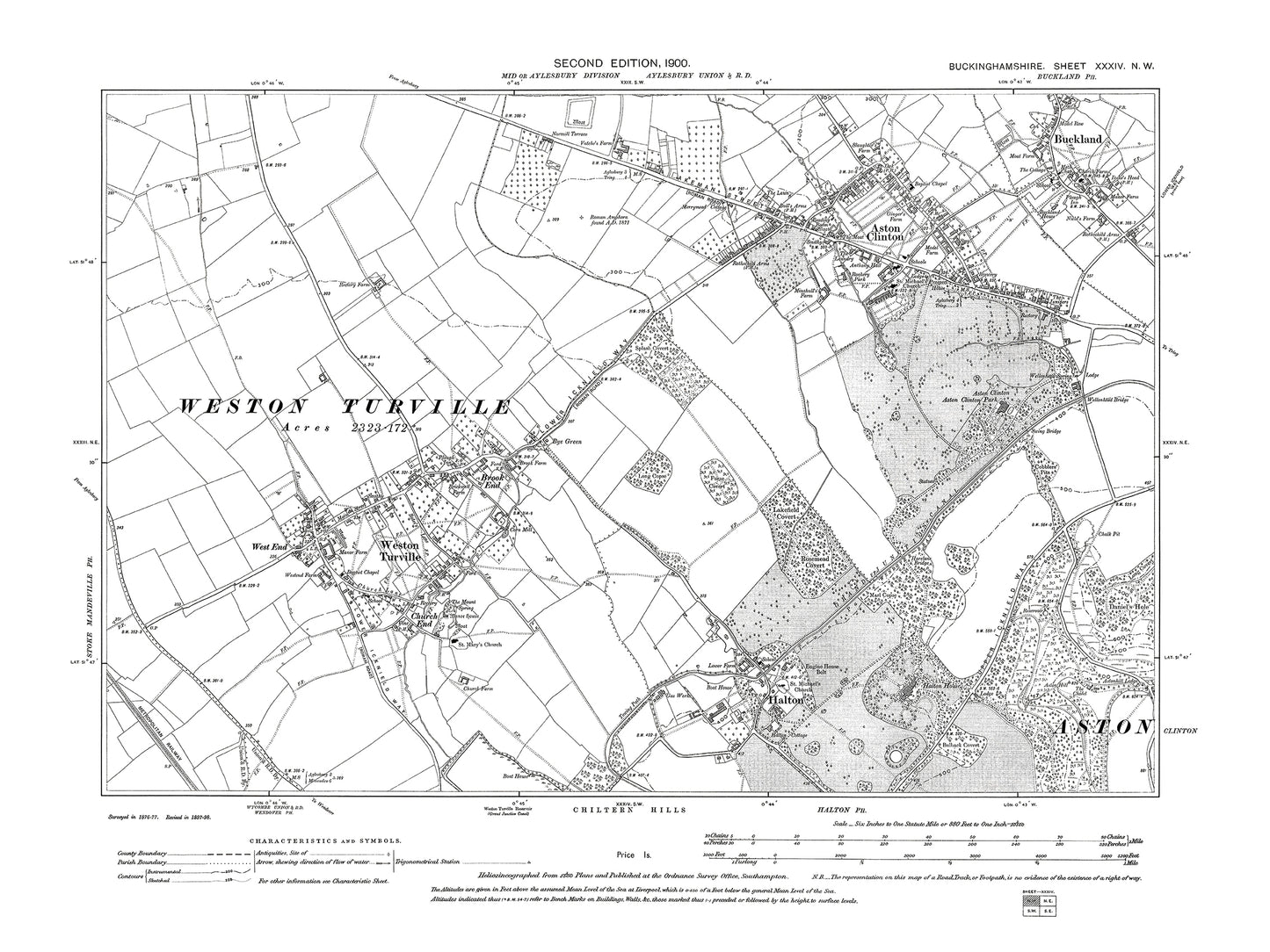 Old OS map dated 1900, showing Aston Clinton, Buckland, Halton, Weston Turville in Buckinghamshire 34NW