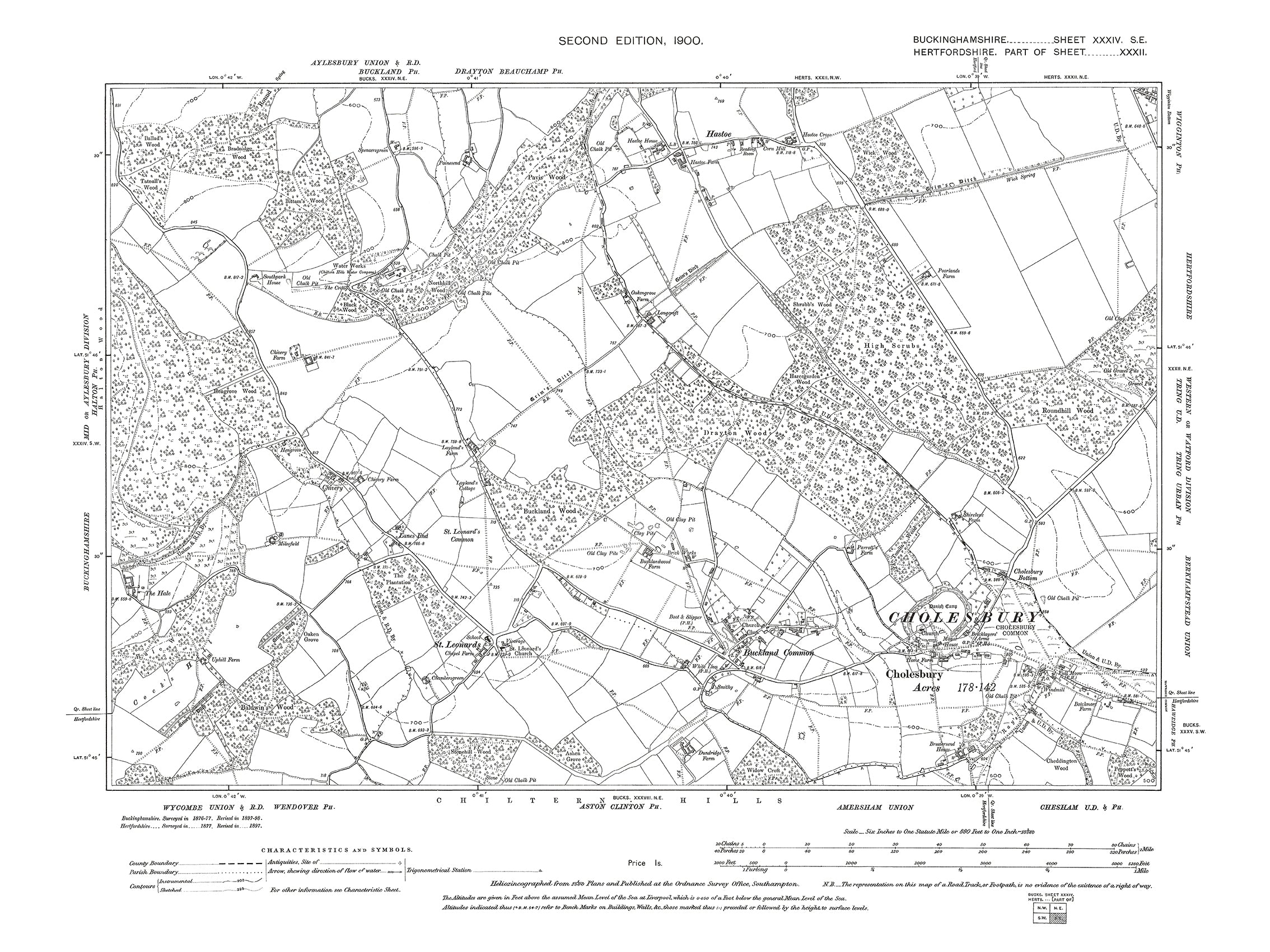 Old OS map dated 1900, showing Cholesbury, Buckland Common, St Leonard ...