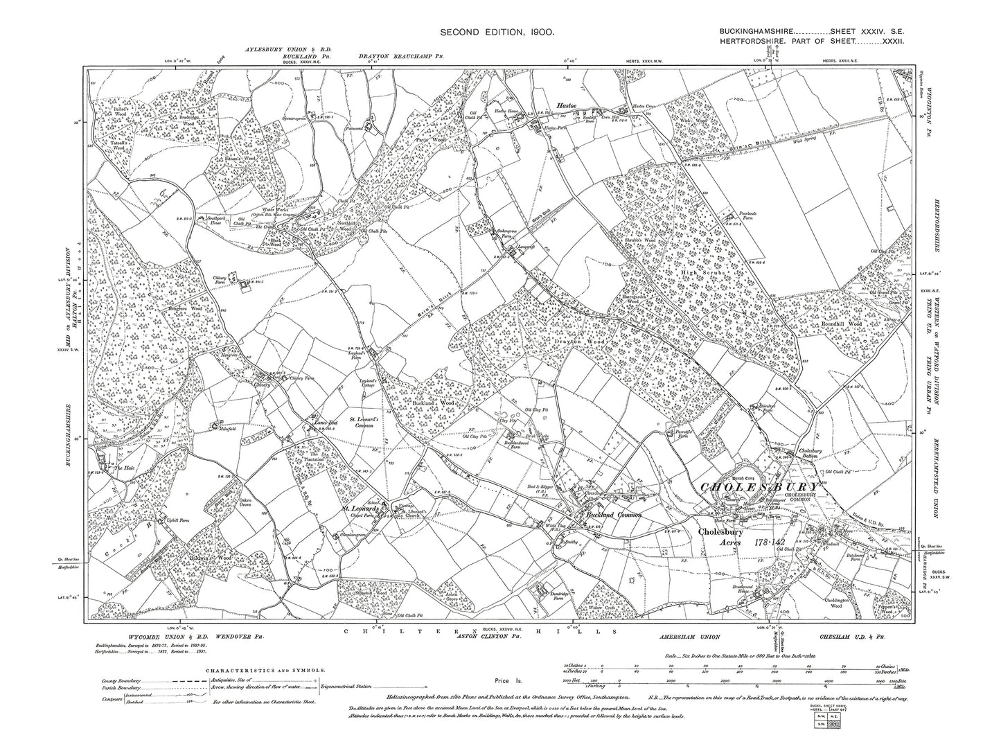 Old OS map dated 1900, showing Cholesbury, Buckland Common, St Leonards in Buckinghamshire 34SE