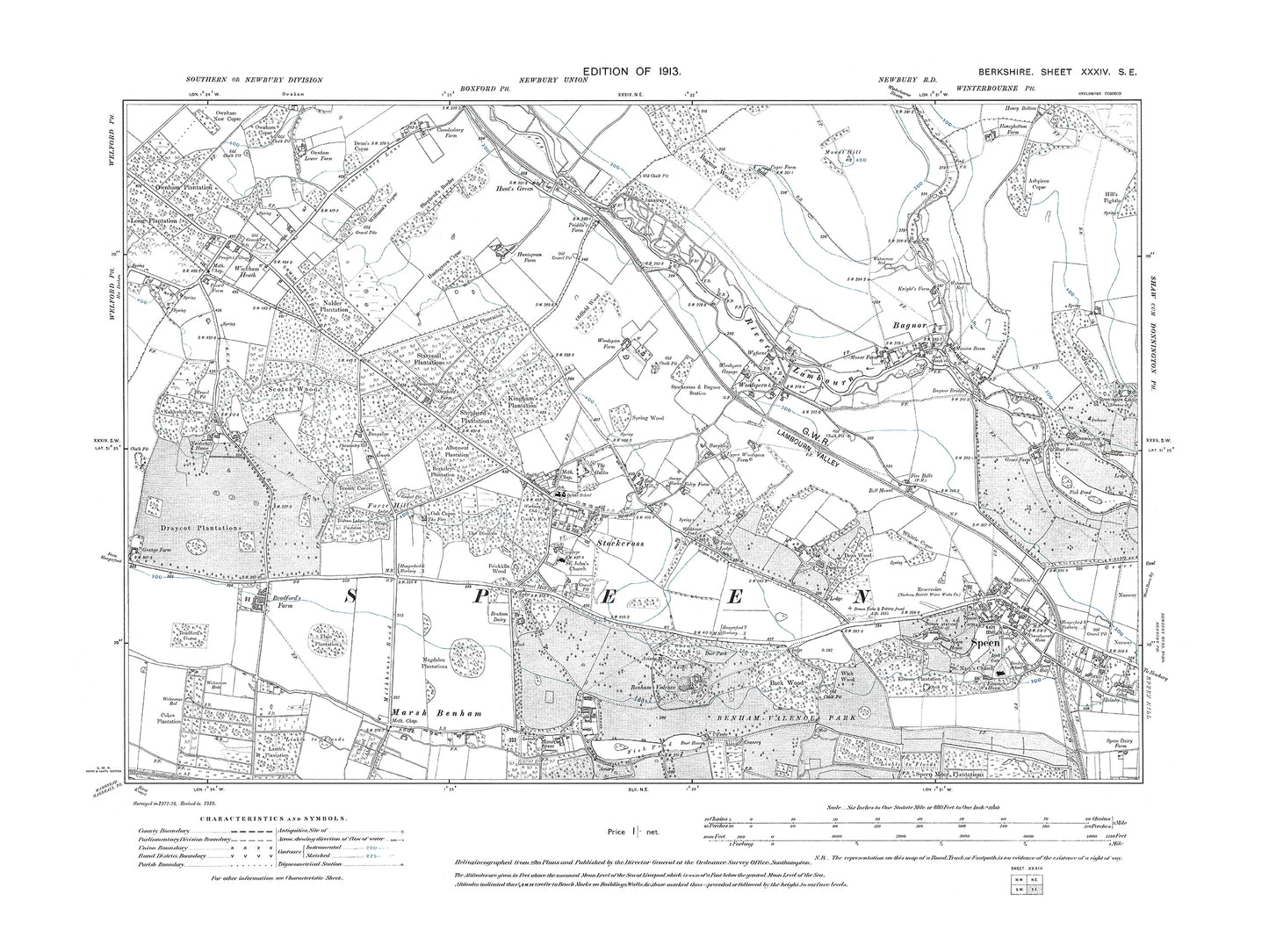 A 1913 map showing Speen, Stockross, Bagnor in Berkshire - OS 1:10560 scale map, Berks 34SE