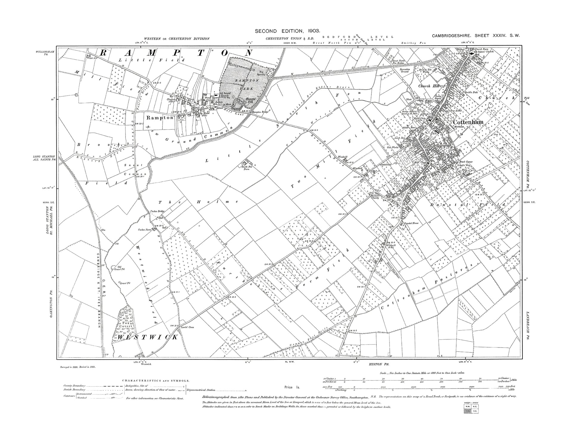 Old OS map dated 1903, showing Cottenham, Rampton in Cambridgeshire 34 ...