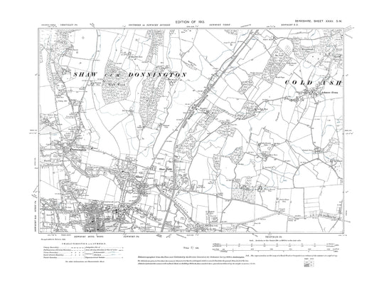 A 1913 map showing Newbury (north), Shaw, Donnington, Ashmore Green in Berkshire - OS 1:10560 scale map, Berks 35SW