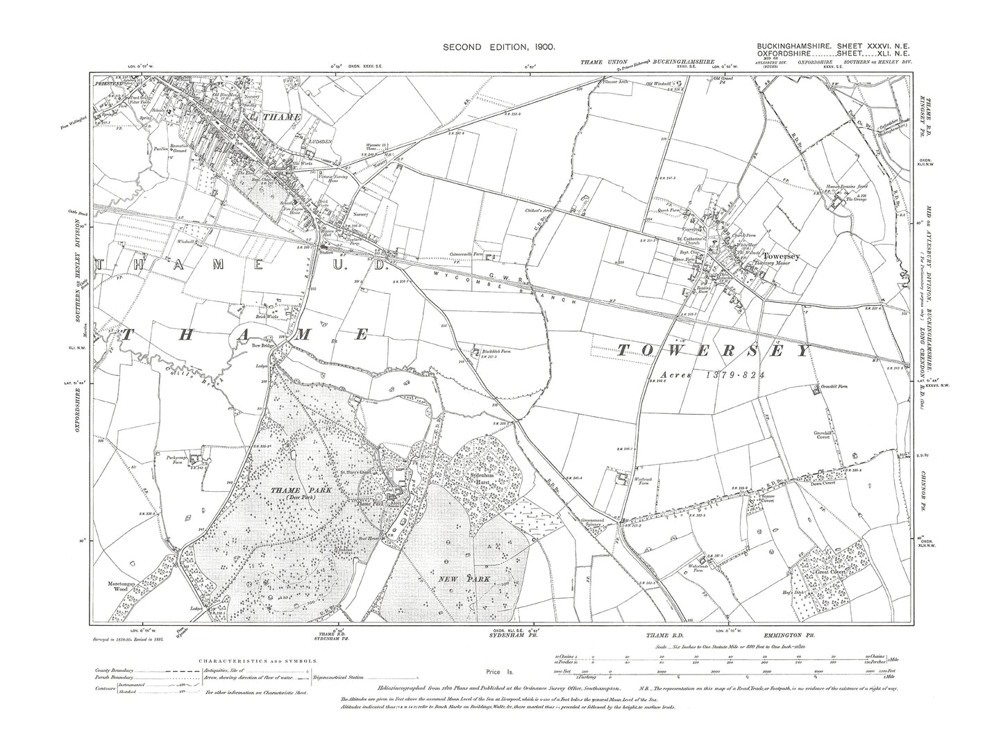 Old OS map dated 1900, showing Towersey (plus Thame in Oxfordshire) in Buckinghamshire 36NE