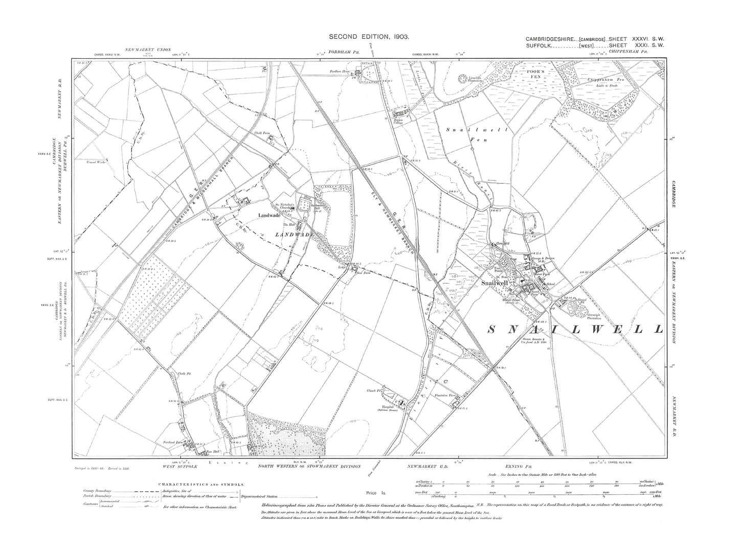 Old OS map dated 1903, showing Snailwell, Landwade in Cambridgeshire 36SW