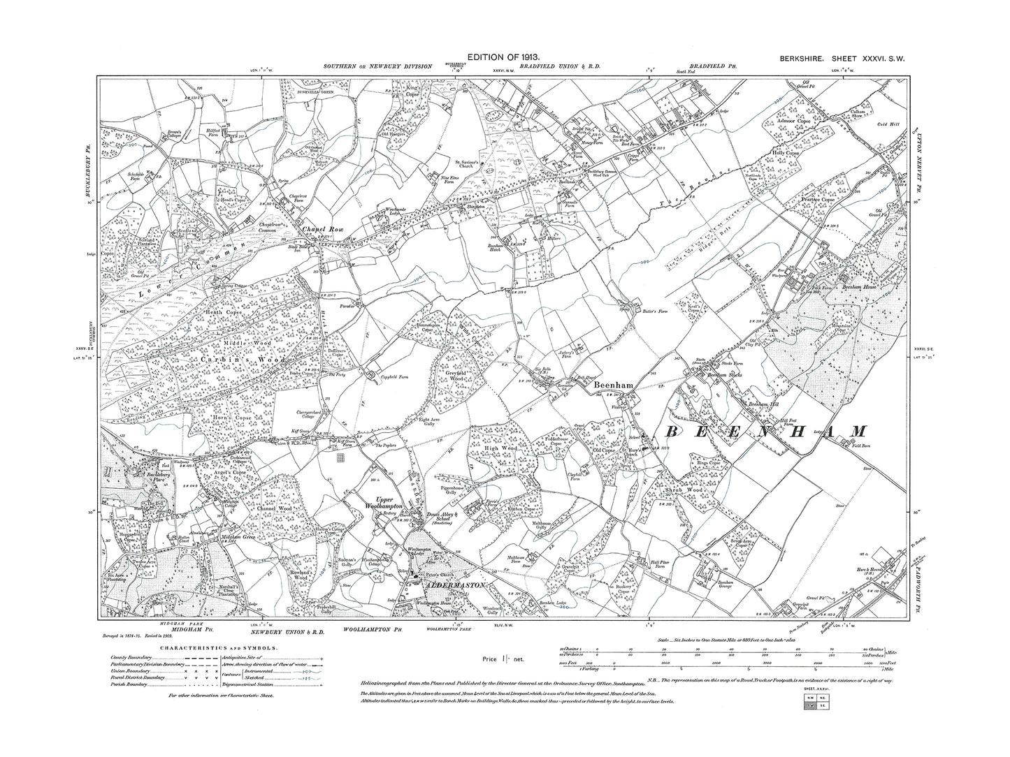 A 1913 map showing Bradfield (south), Beenham, Chapel Row, Aldermaston (north), Upper Woolhampton in Berkshire - OS 1:10560 scale map, Berks 36SW