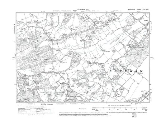 A 1913 map showing Bradfield (south), Beenham, Chapel Row, Aldermaston (north), Upper Woolhampton in Berkshire - OS 1:10560 scale map, Berks 36SW
