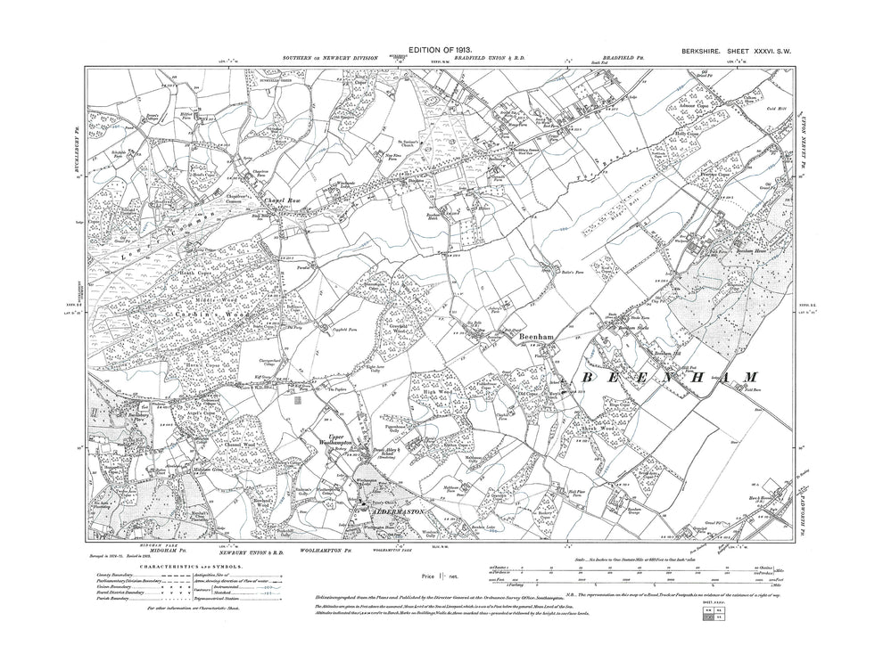 A 1913 map showing Bradfield (south), Beenham, Chapel Row, Aldermaston ...