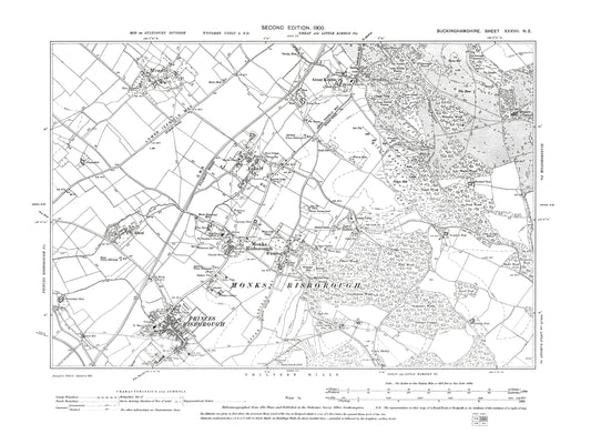 Old OS map dated 1900, showing Princes Risborough, Monks Risborough, Great Kimble in Buckinghamshire 37NE