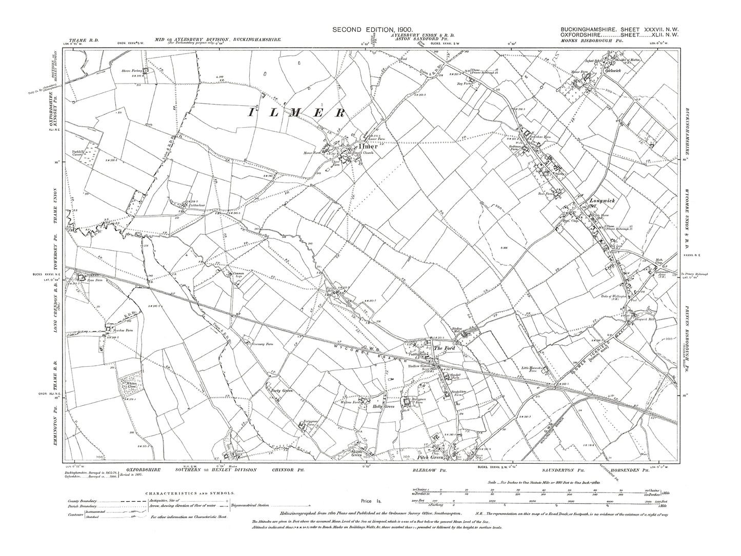 Old OS map dated 1900, showing Ilmer, Bledlow (north), Longwick in Buckinghamshire 37NW