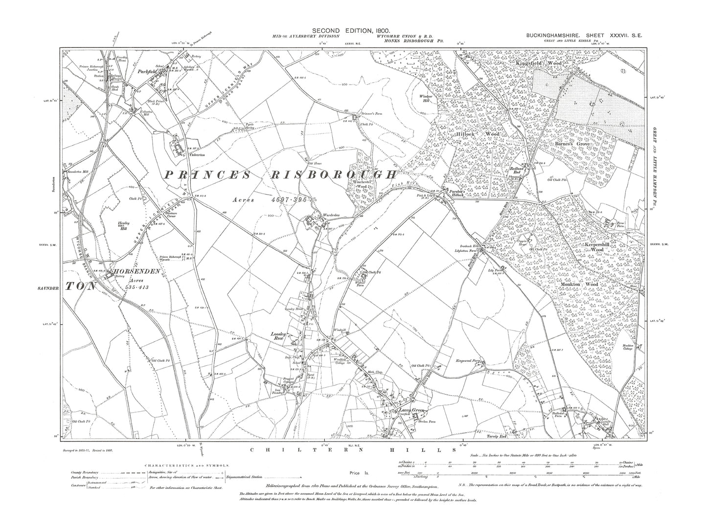 Old OS map dated 1900, showing Parkfield, Loosley Row, Lacey Green in Buckinghamshire 37SE