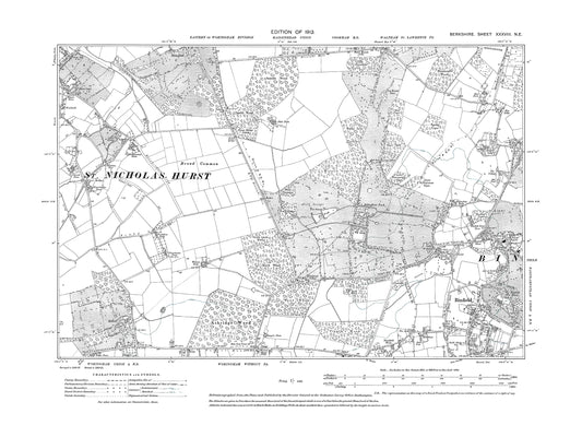 A 1913 map showing Binfield (northwest), Hurst (east) in Berkshire - OS 1:10560 scale map, Berks 38NE
