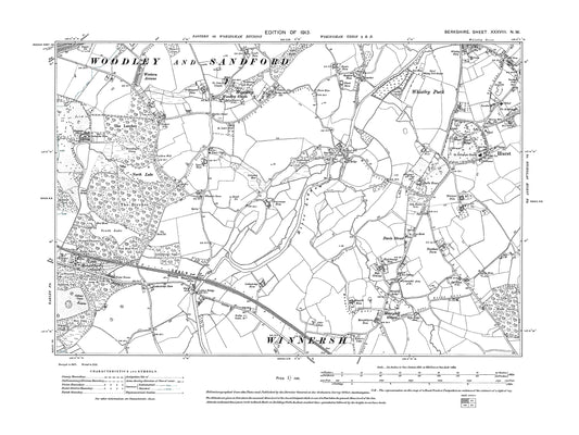 A 1913 map showing Hurst (west), Woodley Green, Merryhill Green in Berkshire - OS 1:10560 scale map, Berks 38NW
