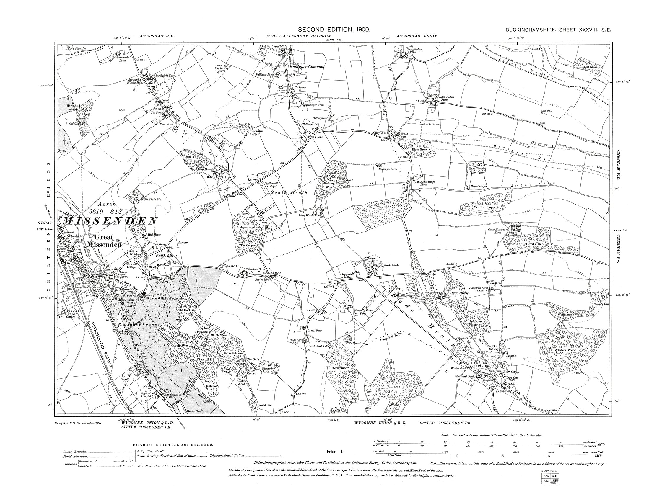 Old OS map dated 1900, showing Great Missenden, South Heath, Ballinger ...