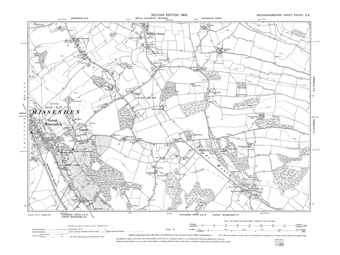 Old OS map dated 1900, showing Great Missenden, South Heath, Ballinger, Hyde in Buckinghamshire 38SE