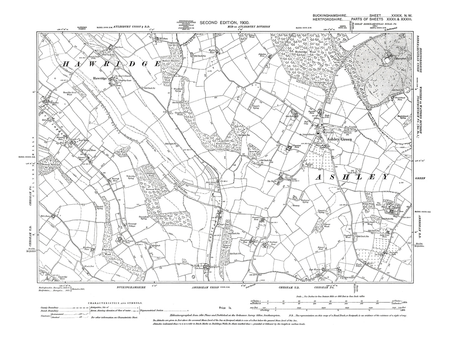 Old OS map dated 1900, showing Ashley Green, Bellingdon in Buckinghamshire 39NW