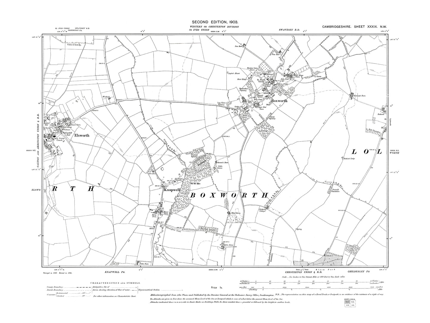 Old OS map dated 1903, showing Boxworth, Knapwell, Elsworth (east) in Cambridgeshire 39NW