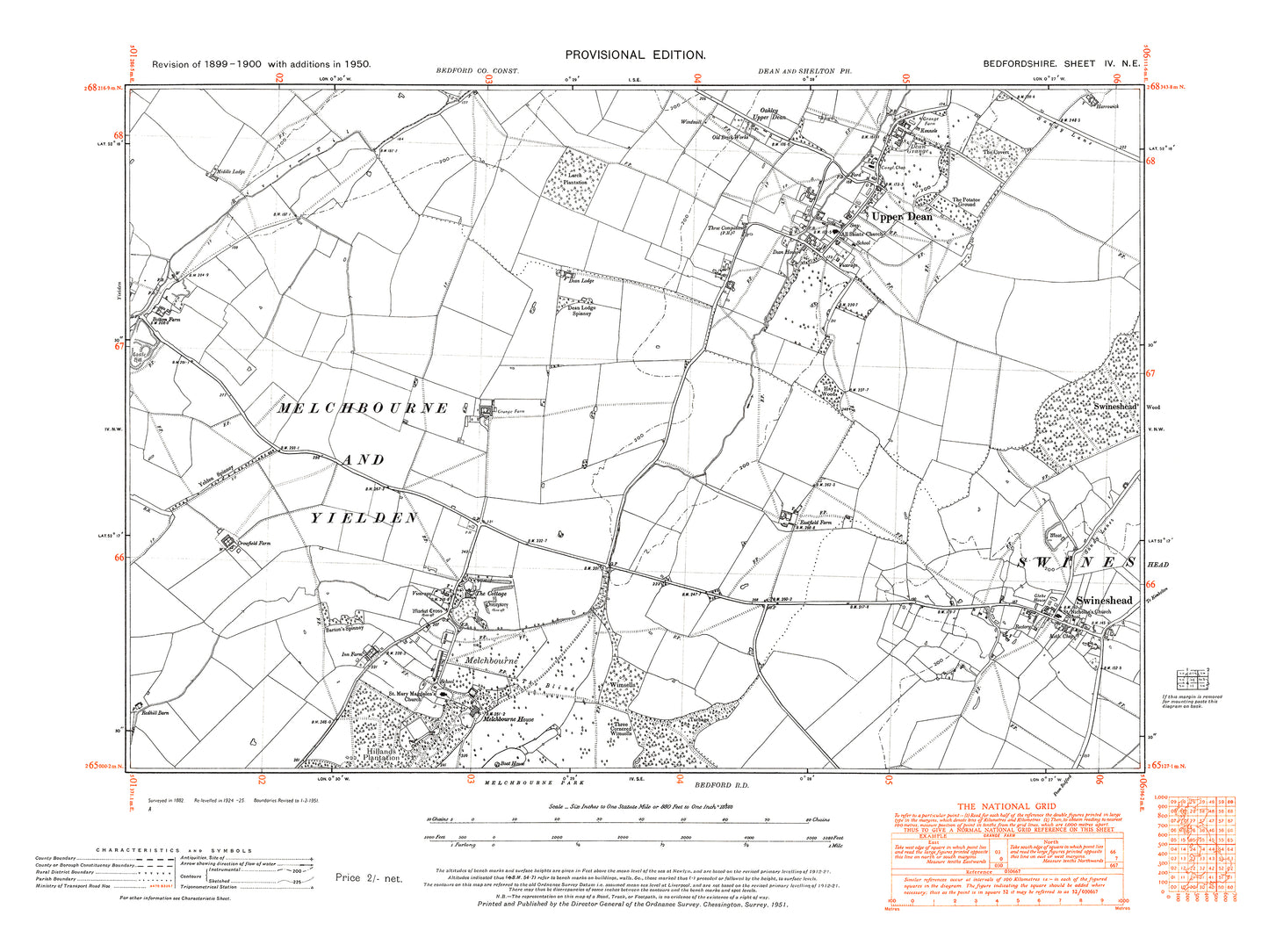 A 1950 map showing Upper Dean, Swineshead, Melchbourne, Yielden (east), (Bedfordshire 4NE)