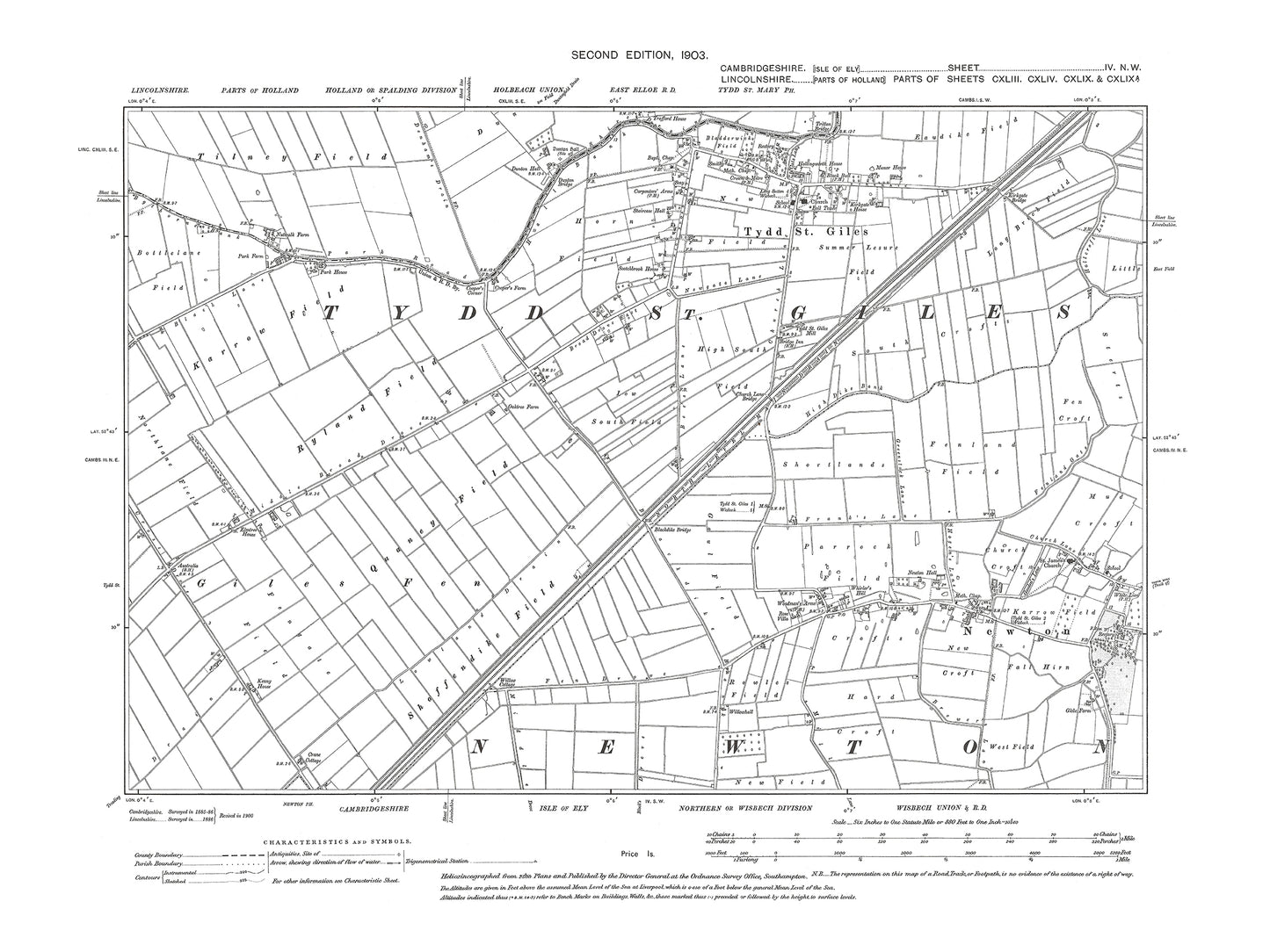 Old OS map dated 1903, showing Tydd St Giles, Newton in Cambridgeshire 4NW