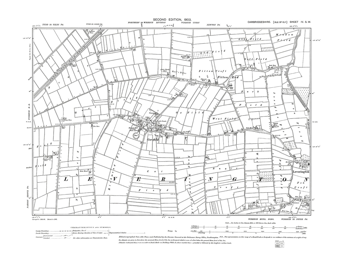 Old OS map dated 1903, showing Leverington (west), Gorefield, Fitton End in Cambridgeshire 4SW