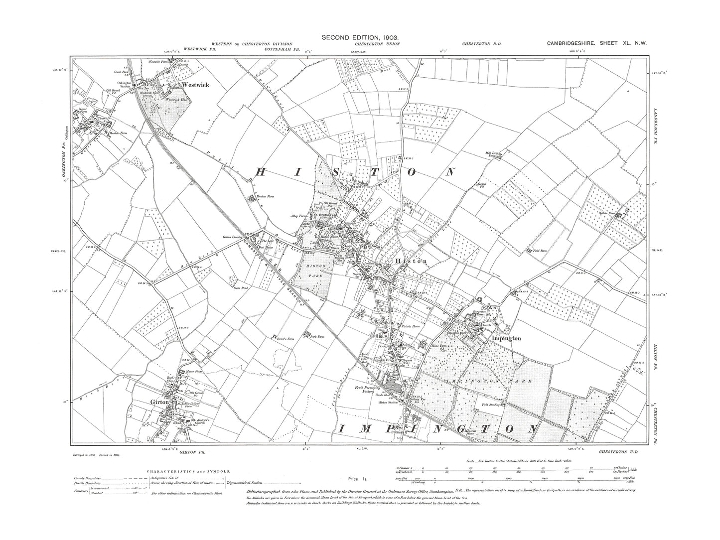 Old OS map dated 1903, showing Girton, Histon, Impington, Westwick (south) in Cambridgeshire 40NW