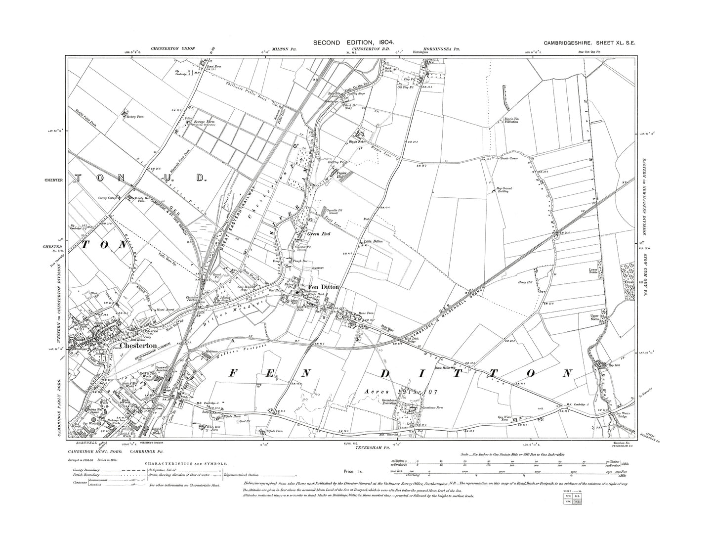 Old OS map dated 1903, showing Cambridge (northeast), Chesterton (east), Fen Ditton in Cambridgeshire 40SE