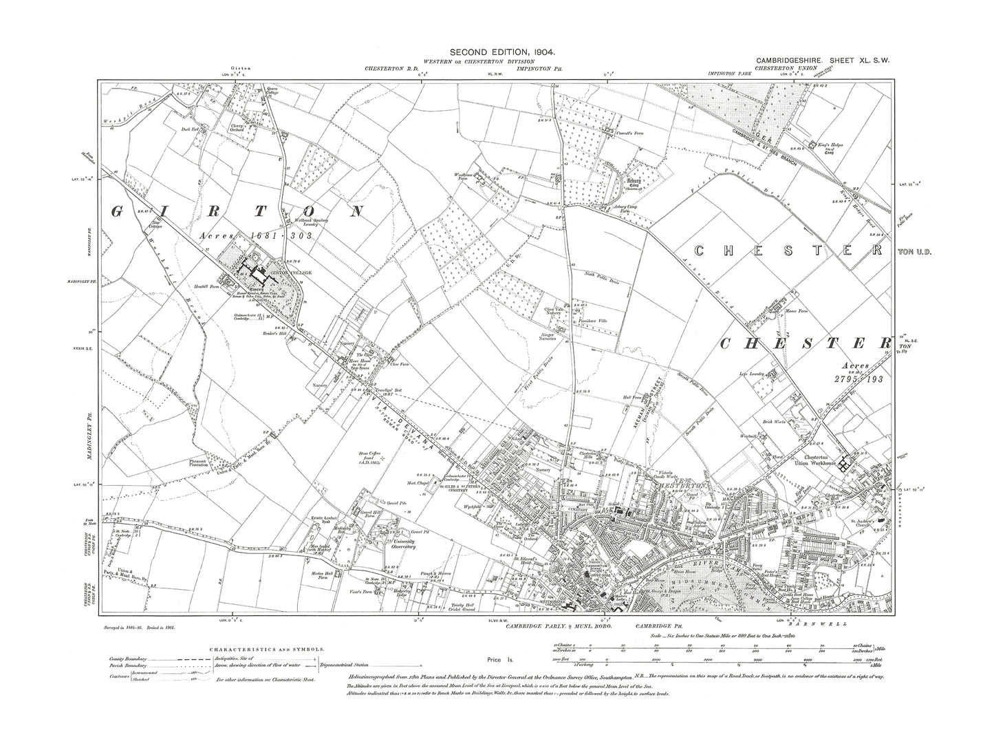 Old OS map dated 1903, showing Cambridge (northwest), Chesterton (west), Girton College in Cambridgeshire 40SW