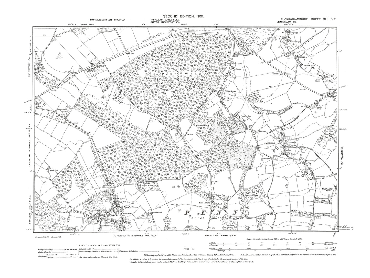 Old OS map dated 1900, showing Tylers Green, Winchmore Hill, Penn Street in Buckinghamshire 42SE