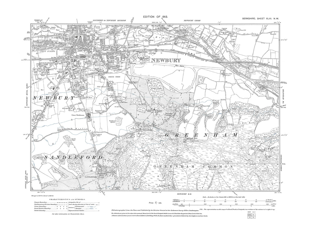 A 1913 map showing Newbury, Greenham in Berkshire - OS 1:10560 scale m ...