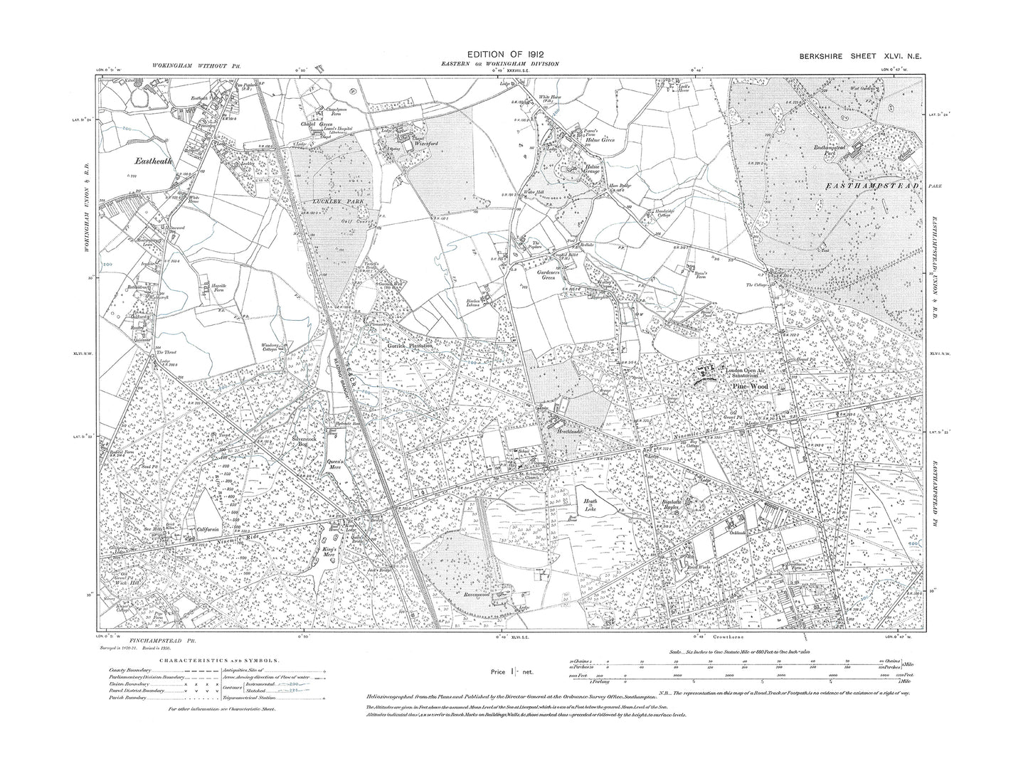 A 1912 map showing Crowthorne (north), Eastheath, Holme Green in Berkshire - OS 1:10560 scale map, Berks 46NE