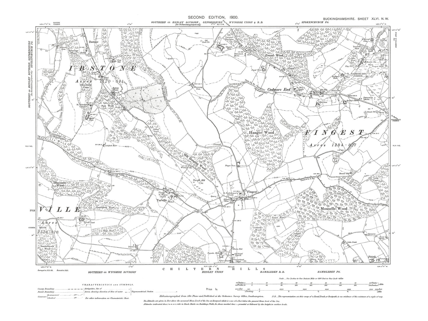 Old OS map dated 1900, showing Fingest, Turville, Cadmore End in Buckinghamshire 46NW