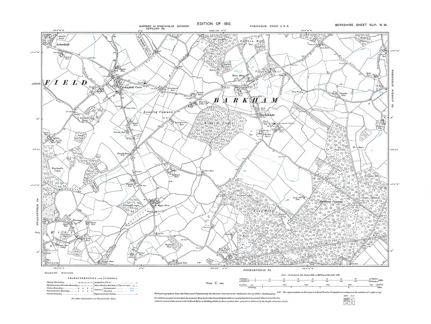 A 1912 map showing Barkham, Arborfield Cross in Berkshire - OS 1:10560 scale map, Berks 46NW