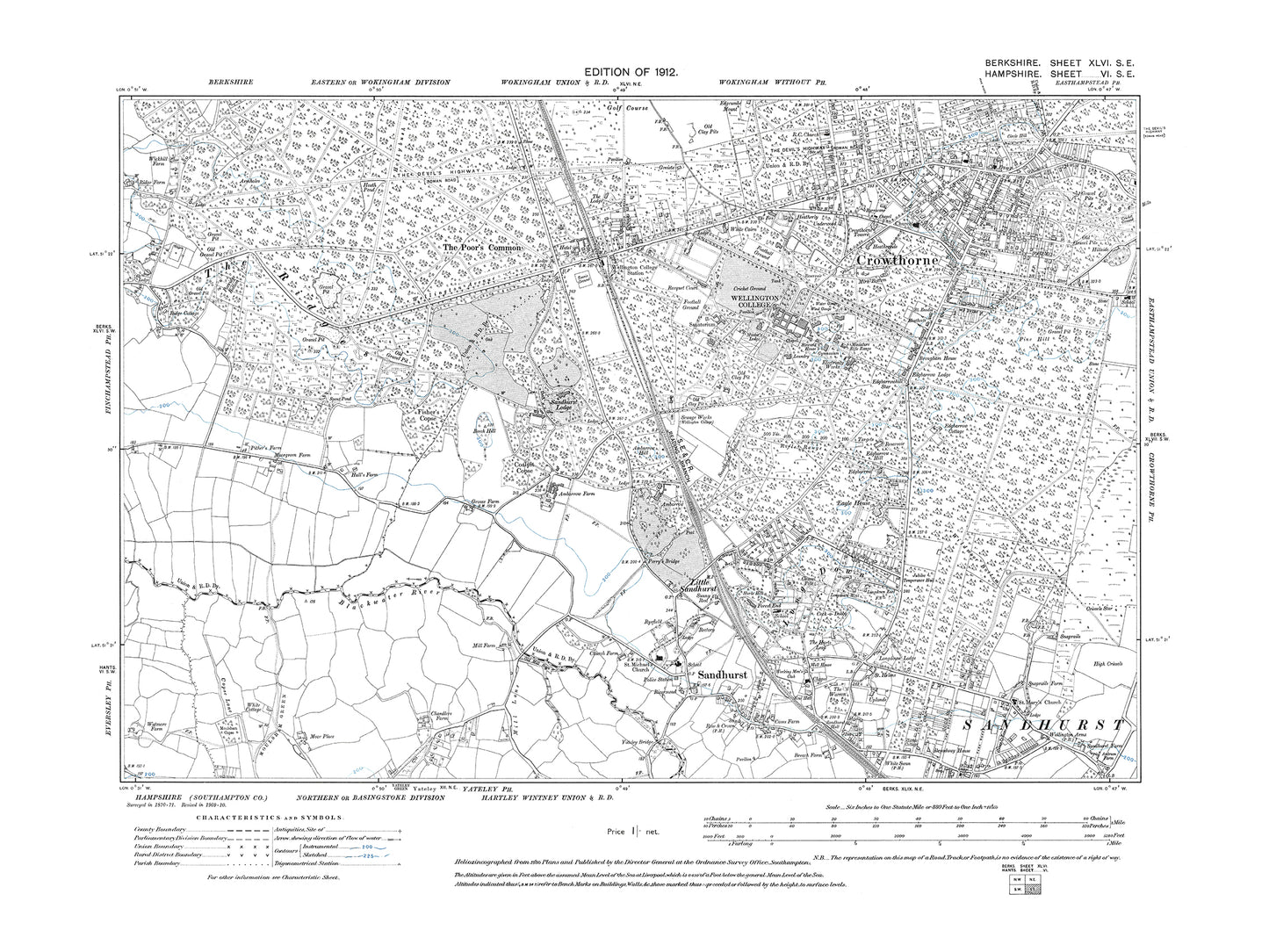 A 1912 map showing Crowthorne, Sandhurst in Berkshire - OS 1:10560 scale map, Berks 46SE