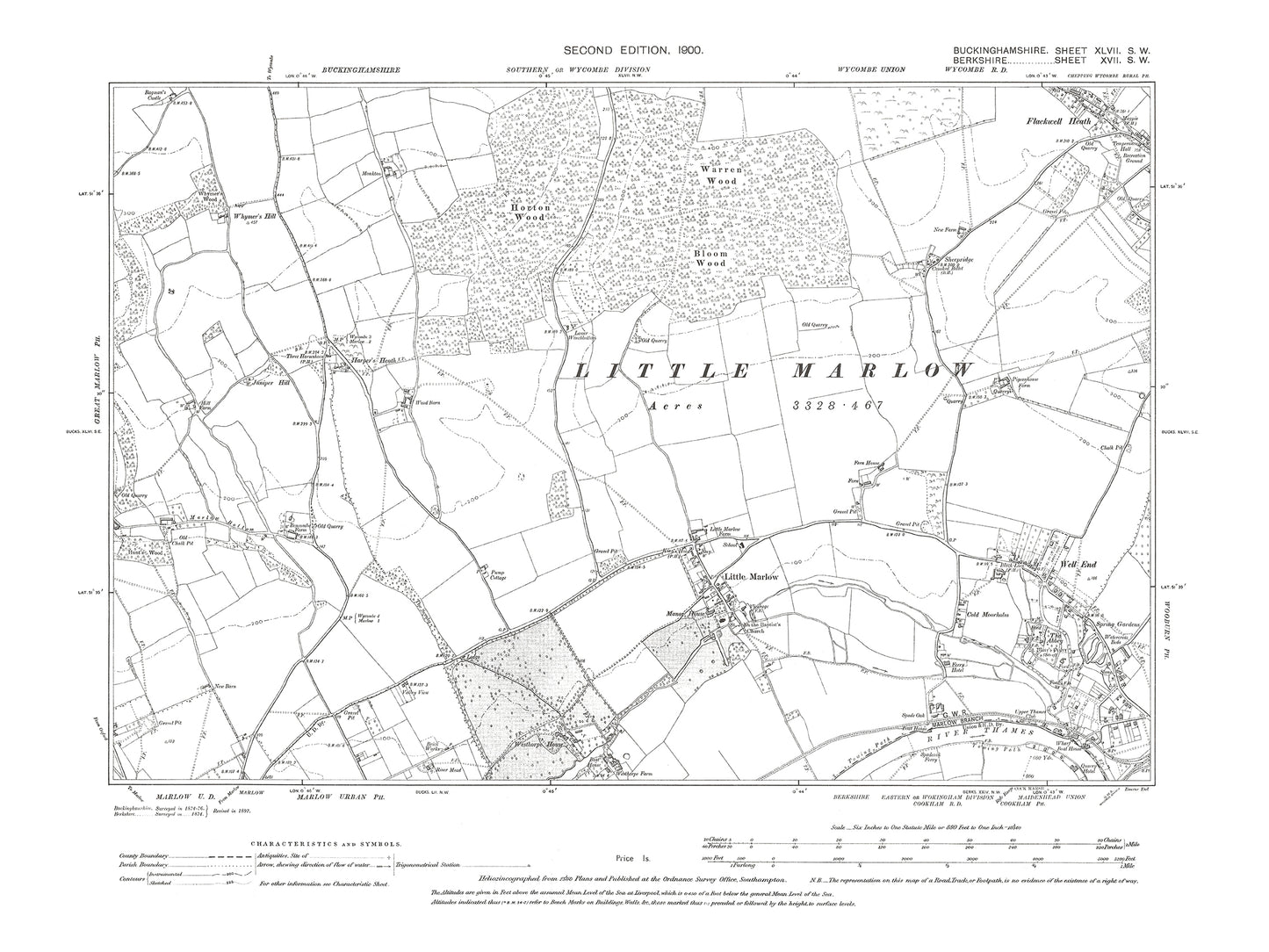 Old OS map dated 1900, showing Wooburn (west), Little Marlow in Buckinghamshire 47SW